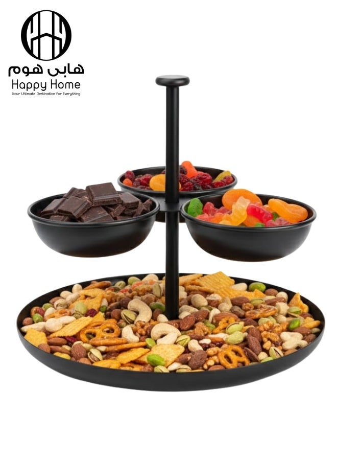 Happy Home Multi-Tier Serving Tray with 3 Upper Bowls and Large Base – Modern Snack Organizer with Central Handle for Nuts, Chips, Candy, and Dried Fruits, Ideal for Parties and Dining Table, Easy to Clean, Height 24cm, Upper Bowls Diameter 10cm, Bottom Tray 25cm - Image 1